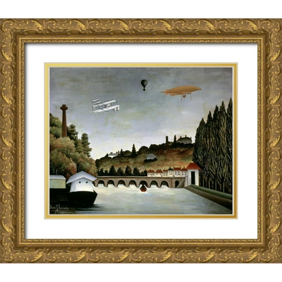 Rousseau, Henri 31x26 Gold Ornate Wood Framed with Double Matting Museum Art Print Titled - Landscape With Zeppelin