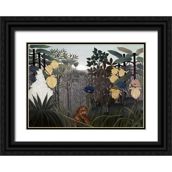 Rousseau, Henri 32x24 Black Ornate Wood Framed with Double Matting Museum Art Print Titled - Repast of The Lion