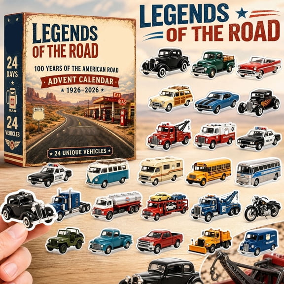 Route 100 Vintage Car Advent Calendar, 24-Day 2D Acrylic Countdown with Classic Vehicle Pendants, Retro Road Theme Holiday Gift for Car Collectors and Display Decor