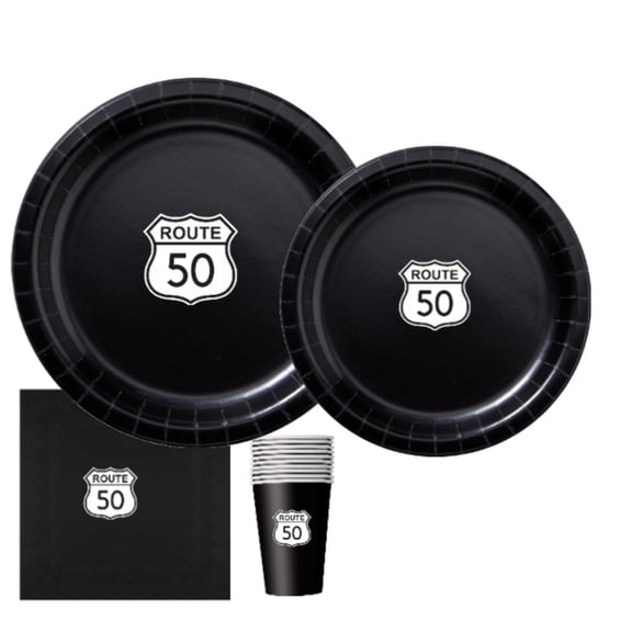 Route 50 Paper Party Plates Set | 50th Birthday Party Decor |Vintage Road Theme | Complete 60pc Party Bundle