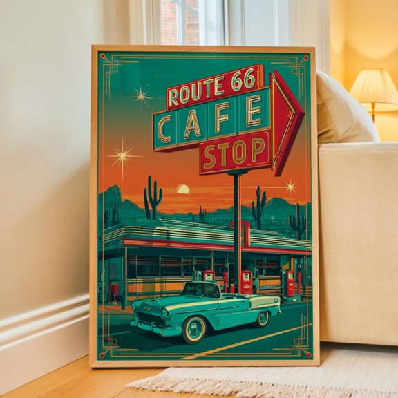 Route 66 Cafe Wall Art Print With Retro Diner Car And Desert Decor Unframed Paper Print