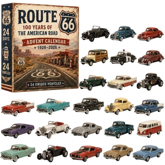 Route 66 Centennial Advent Calendar, 24 Days of American Road Legends 19262026 Collectors Edition, 24 Days of Vintage Vehicles, 24 Unique Acrylic Car Collectibles, Classic American Road Theme