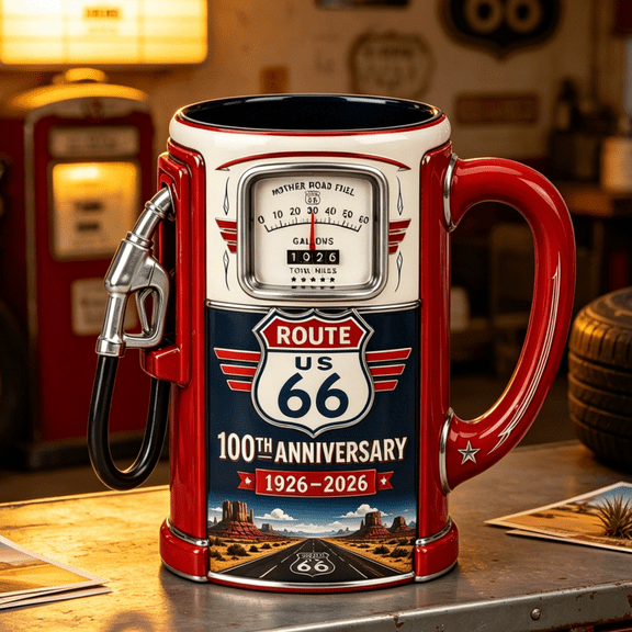 Route 66 Centennial Fuel Pump Mug - 100th Anniversary Edition 1926-2026 Ceramic Coffee Mug, Retro Gas Pump Cup Tumbler, Vintage Mother Road Souvenir Beer Stein Drinkware Gift Item