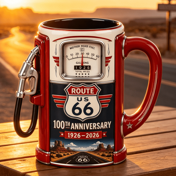Route 66 Centennial Fuel Pump Mug 1926-2026 - 100th Anniversary Edition Ceramic Coffee Cup, Retro Vintage Gas Station Drinkware Tumbler, Unique Motorcycle Collectible Stein Gift