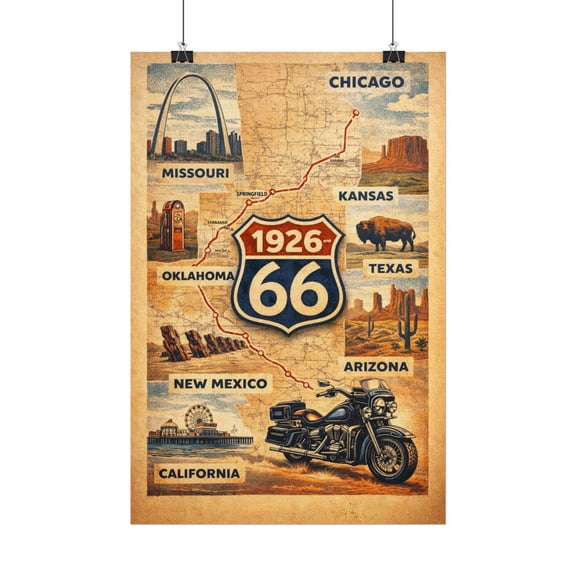Route 66 Centennial Map Iconic Landmarks Mother Road Art, Unframed Poster