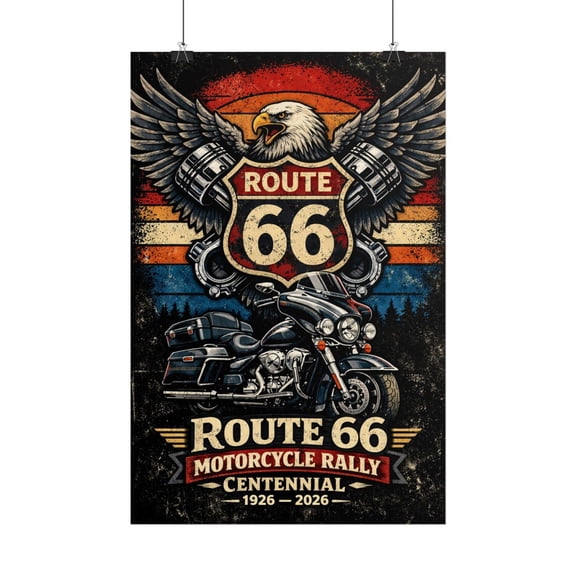 Route 66 Centennial Motorcycle Rally Poster | V-Twin Biker Art (1926-2026), Unframed Paper Poster 8x10in