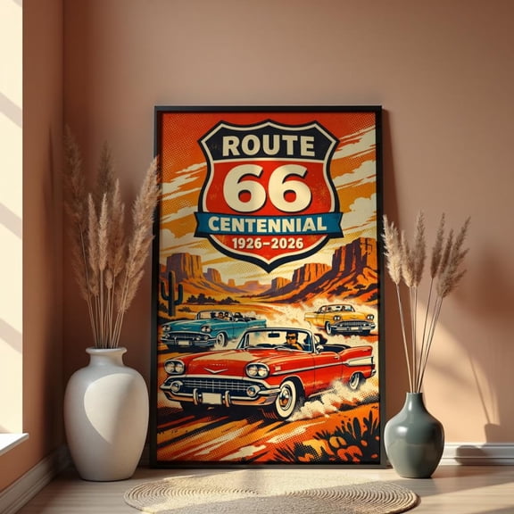 Route 66 Centennial Poster | 1950s Classic Cars in the Southwest Desert, Stretched Canvas 16x20in