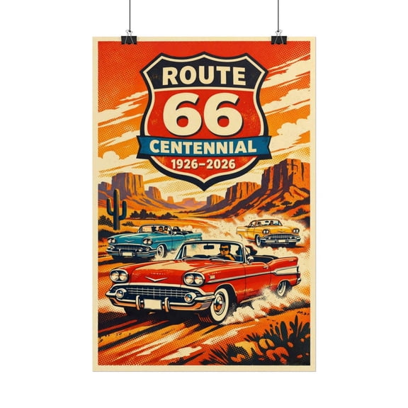 Route 66 Centennial Poster | Classic 1950s Cars in the Desert | Vintage Art Print, Unframed Paper Poster 11x14in