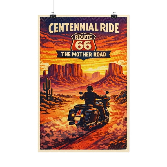 Route 66 Centennial Ride Poster | Motorcycle Journey Through the Southwest Desert Art (1926-2026), Unframed Paper Poster 8x10in