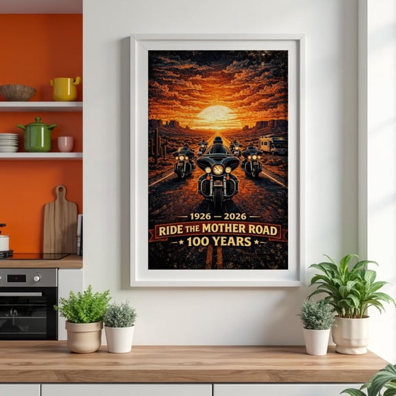 Route 66 Centennial Sunset Ride Poster | Biker Motorcycles at Vanishing Point, Unframed Paper Poster 8x10in