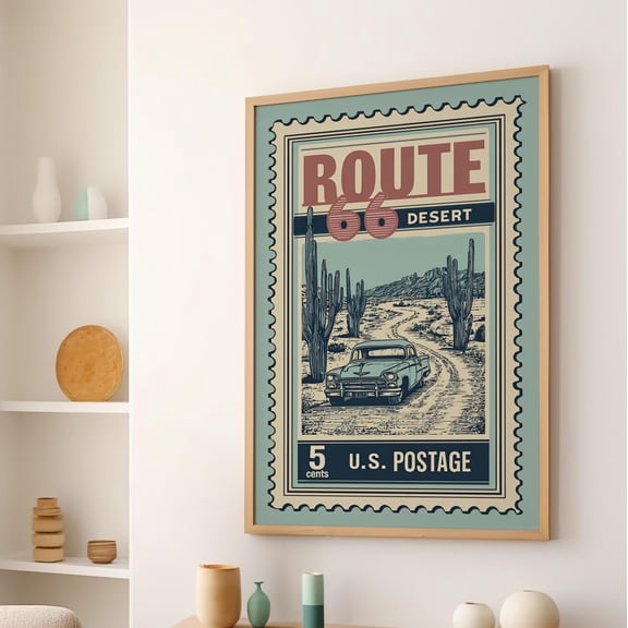 Route 66 Desert Stamp Wall Art, Retro Travel Decor, Unframed Canvas Size 8x12