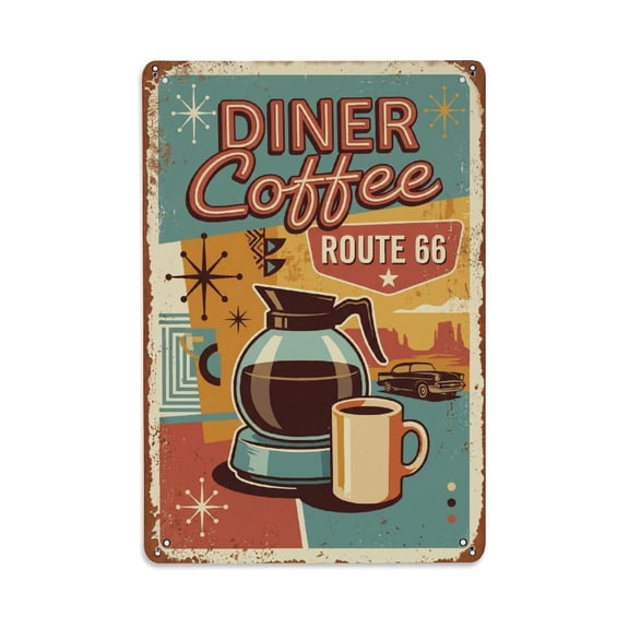 Route 66 Diner Brew Vintage Metal Tin Sign Plaque Wall Decor for Cafe, Club, Garden Metal Poster 8x12Inch