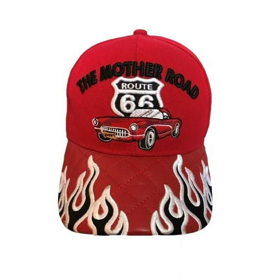 Route 66 Embroidered Baseball Caps - Red Sports Car - Quilted - Uni-Sex Style -- FREE USA Shipping--(7508-120r)