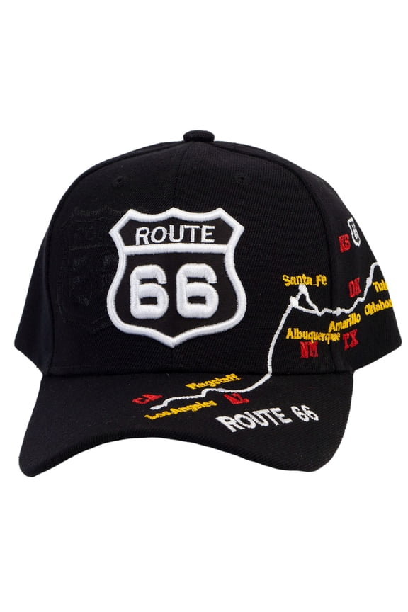 Route 66 Hat Embroidered Highway Map Baseball Cap Americana Travel Road Trip Cap, Black