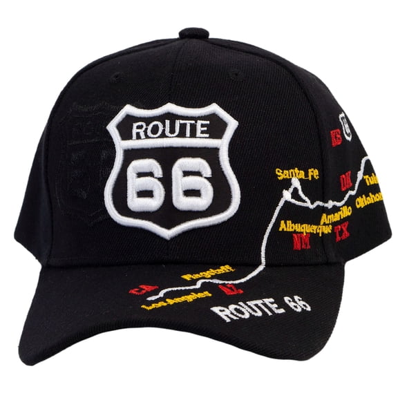 Route 66 Hat Embroidered Highway Map Baseball Cap Americana Travel Road Trip Cap, Black