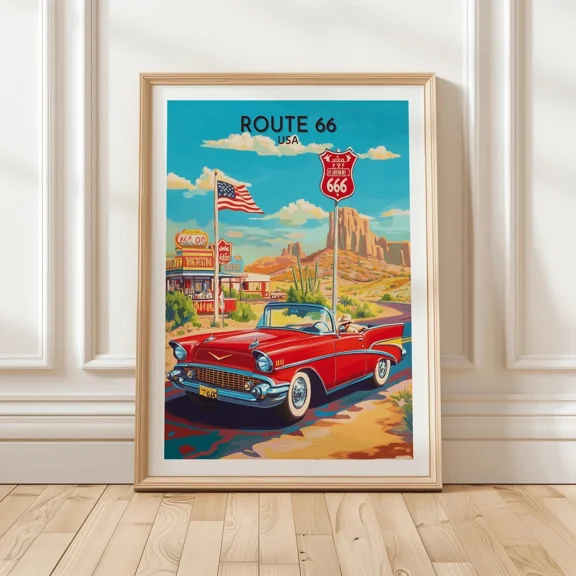 Route 66 Featuring Classic Red And Diner Signs Office Poster , Poster Print Only