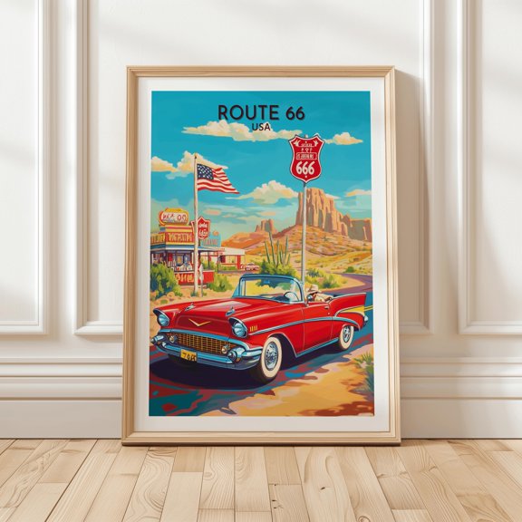 Route 66 Featuring Classic Red And Diner Signs On Scenic Desert Highway For Retro Americana Poster , Poster Print Only