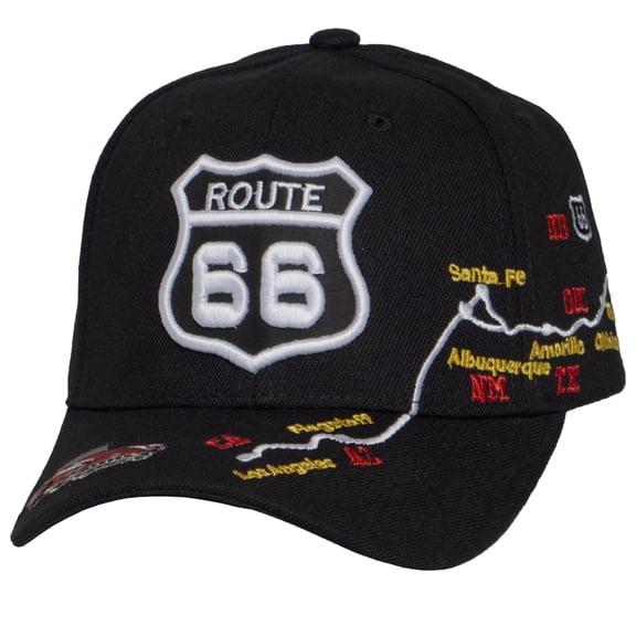 Route 66 Hat Embroidered Highway Map Baseball Cap Americana Travel Road Trip Cap, Black Classic Car