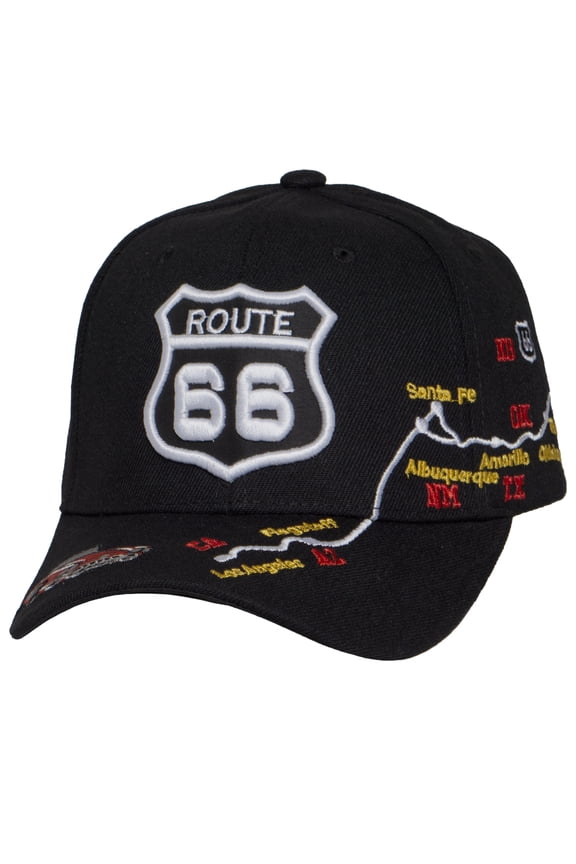 Route 66 Hat Embroidered Highway Map Baseball Cap Americana Travel Road Trip Cap, Black Classic Car