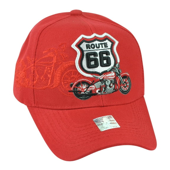 Route 66 Historic Road Motorcycle First Highway Red  Adjustable Hat Cap