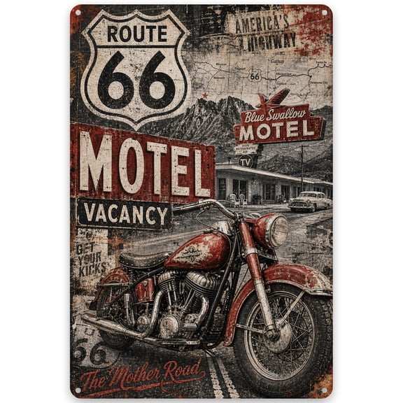 Route 66 Metal Wall Decor Sign, Motel and Motorcycle Vintage Style Iron Plaque, Rustic Indoor Outdoor Home Decor, America's Highway Nostalgic Design, Easy Hanging, 8x12 Inch