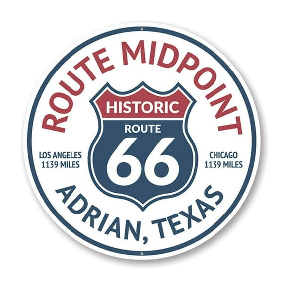 Route 66 Midpoint, Adrian, Texas Road Aluminum Metal Decor Sign - 12" Round