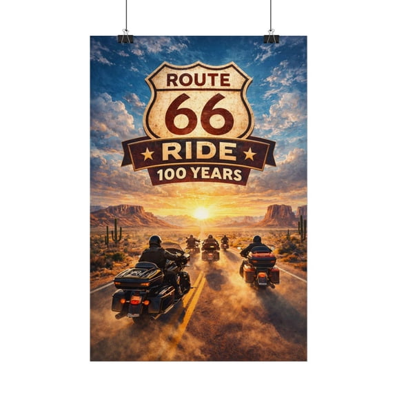 Route 66 Motorcycle Brotherhood Ride Poster | Desert Sunrise Adventure Art, Unframed Paper Poster 8x10in
