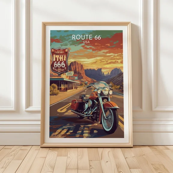 Route 66 Motorcycle Featuring Classic Cruiser And Retro Diner Signs Office Poster , Poster Print Only