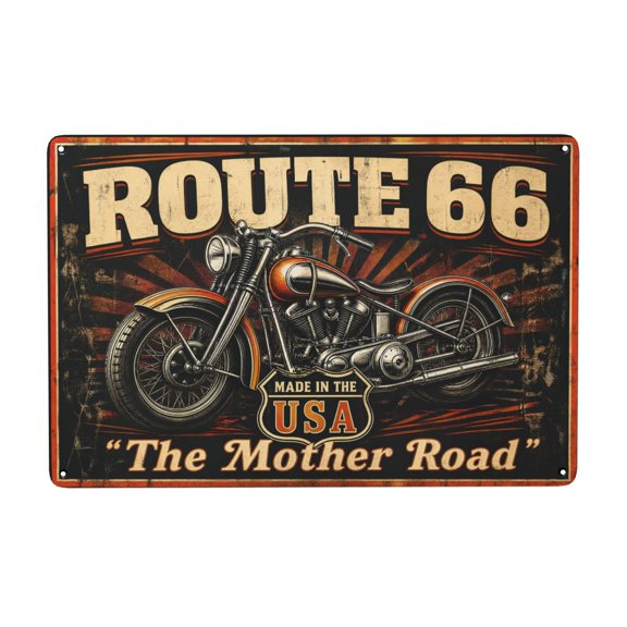 Route 66 Motorcycle Metal Wall Decor Sign - Rustic Vintage Style, 8x12 Inch Iron Plaque for Indoor Outdoor Use, Easy Hanging Home Bar Garage Office Decorations, Weather Resistant Finish