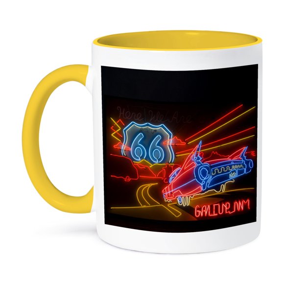 3dRose, Route 66 Neon sign - Gallup Chamber of Commerce - US32 TDR0060 - Trish Drury, 11oz Two-Tone Yellow Mug