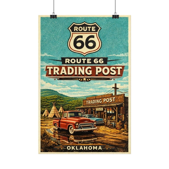 Route 66 Oklahoma Trading Post Poster | Retro Red Truck & Teepees | Route 66 Art, Unframed Paper Poster 8x10in