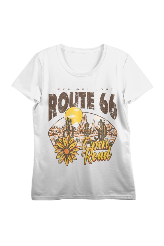 Route 66 Open Road Cactus & Flowers Crew Neck Short Sleeve Women's White T-shirt
-XXL