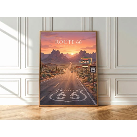 Route 66 Poster, Vintage Road Trip Print, USA Travel Wall Art, Desert Highway Sunset, Americana Decor, Poster Only