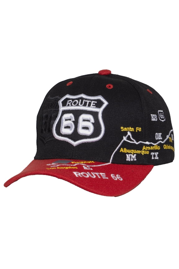 Route 66 Hat Embroidered Highway Map Baseball Cap Americana Travel Road Trip Cap, Black/Red