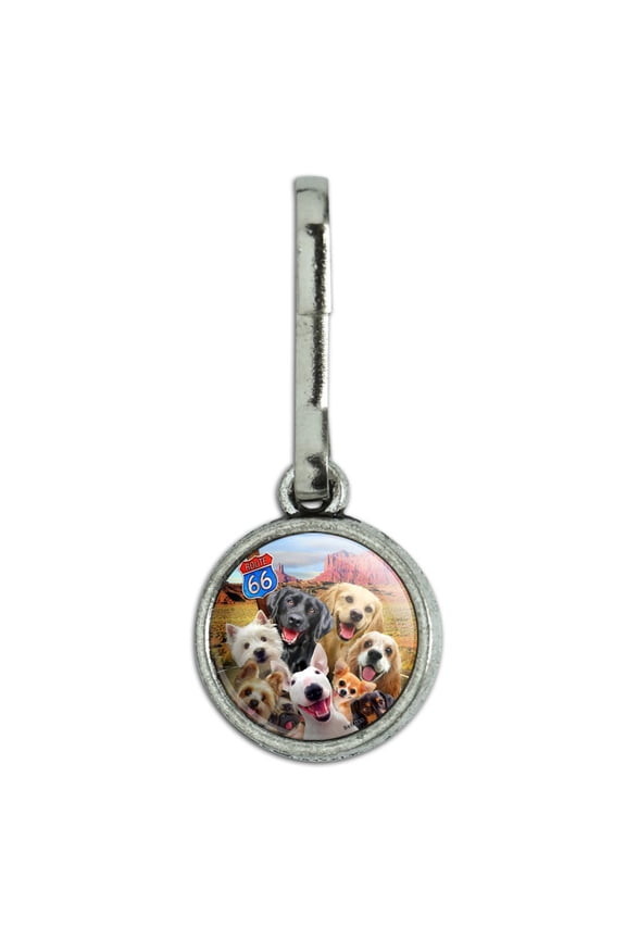 Route 66 Southwest Dogs Selfie Lab Retriever Westie Antiqued Charm Clothes Purse Suitcase Backpack Zipper Pull Aid