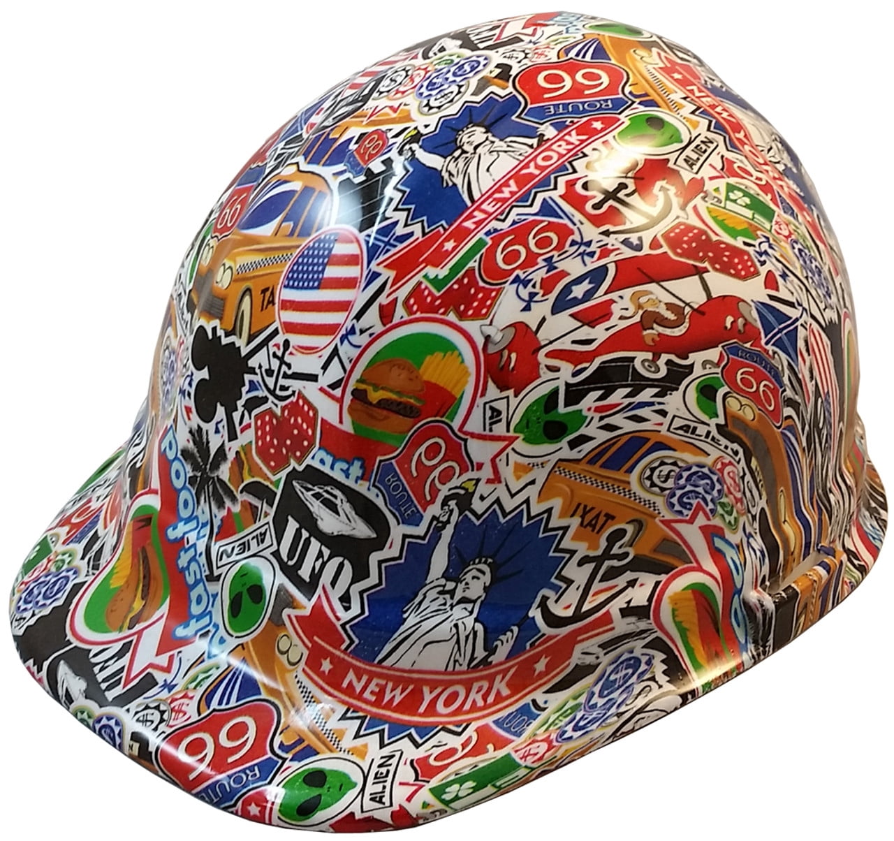 Route 66 Sticker Bomb Hydro Dipped Hard Hats, Cap Style with 4 Pt Suspension