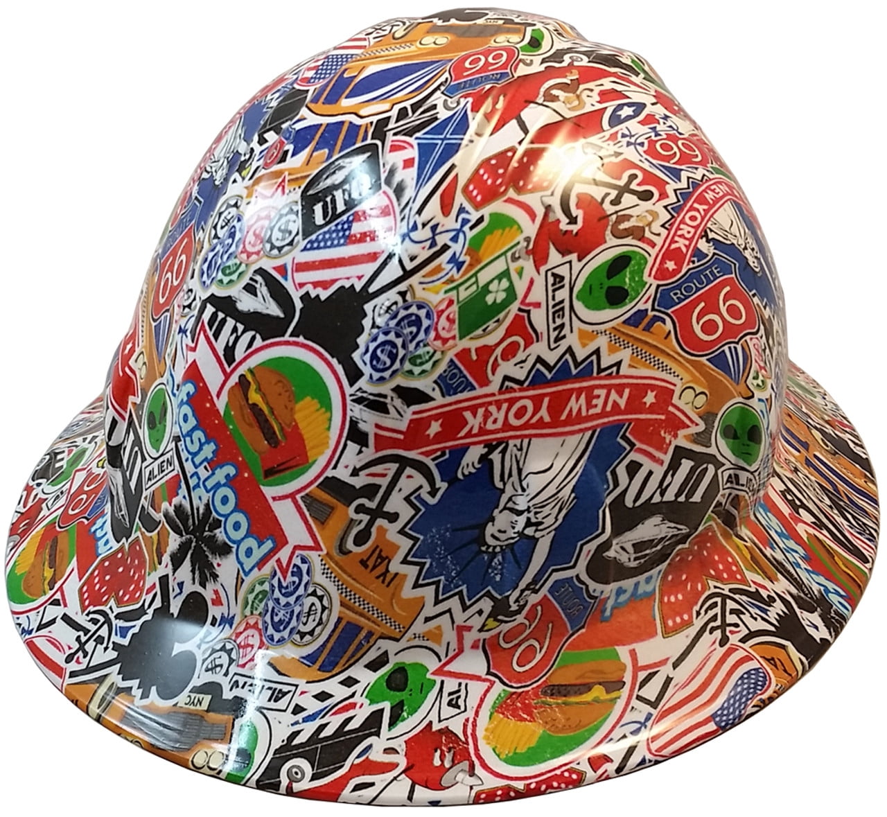 Route 66 Sticker Bomb Hydro Dipped Hard Hats, Full Brim Design with 4 Pt Suspension