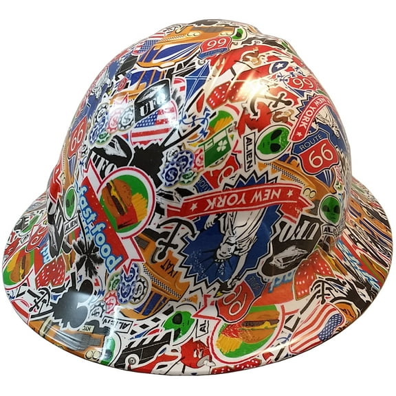 Route 66 Sticker Bomb Hydro Dipped Hard Hats, Full Brim Design with 4 Pt Suspension