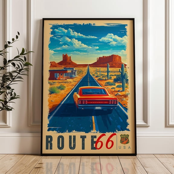 Route 66 Travel Print Vintage Highway Art Print, Unframed Canvas 24x36in