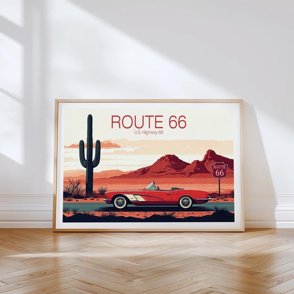 Route 66 USA Historic Mother Road Desert Landscape Wall Art, Unframed Paper Poster 8x10in