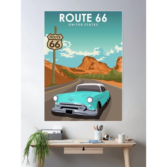 Route 66 Vintage Retro American Travel Poster Poster Wall Art, Modern Wall Decor For Living Room Bedroom, 8x12 UNFRAMED