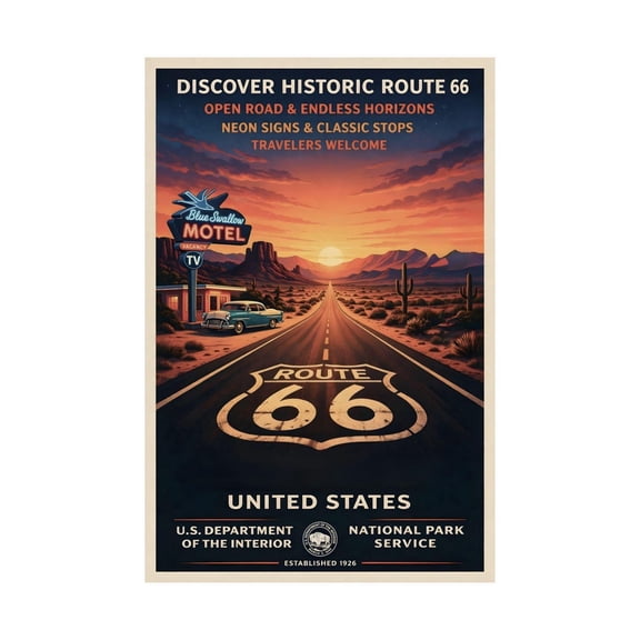 Route 66 Vintage Travel Retro Americana Desert Highway Art Unframed Canvas 16x20in
