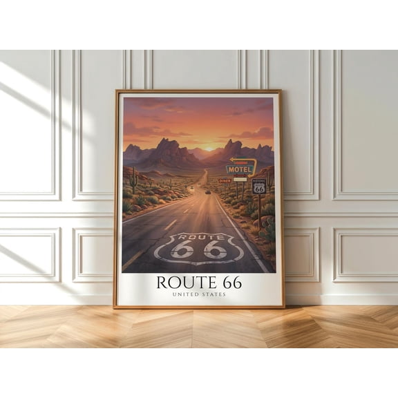 Route 66 Wall Art Usa Road Trip Vintage Americana Decor Desert Highway Artwork, Unframed Paper Print