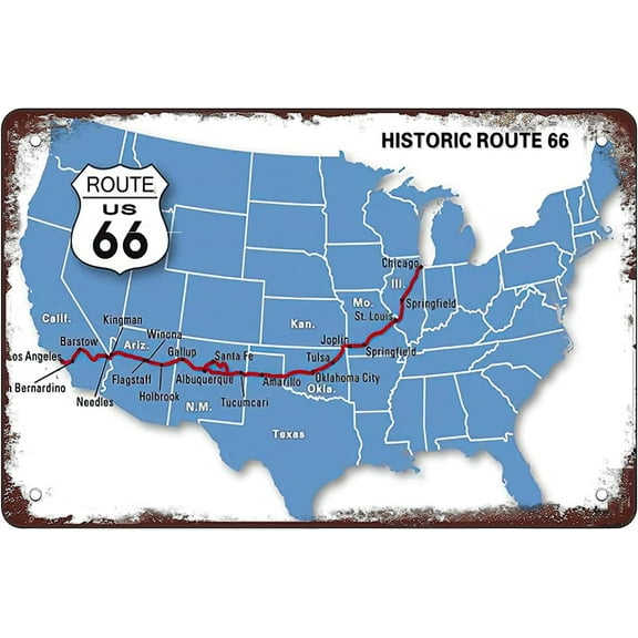 Route 66 map,American map Funny Novelty Metal Sign Retro Wall Decor for Home Gate Garden Bars Restaurants Cafes Office Store Pubs Club Sign Gift 12 X 8 INCH Plaque Tin Sign