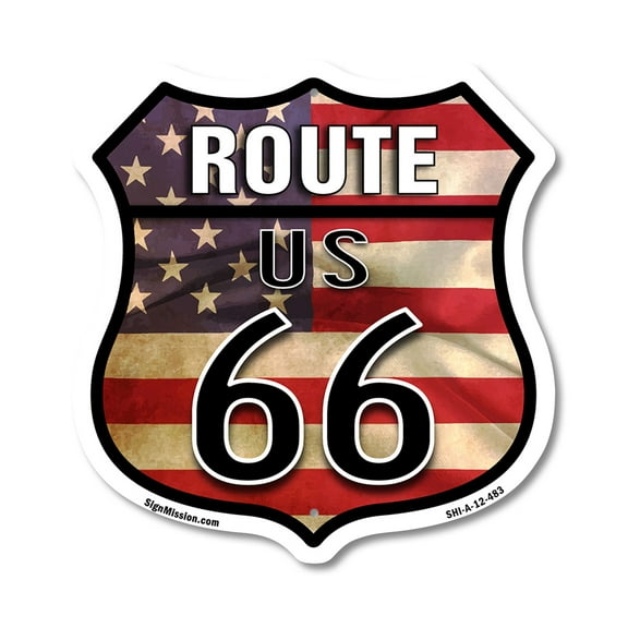 Route Us 66 Flag 12 inch X 12 inch Shield-Shaped Rust-Free Aluminum Metal Sign Weather Resistant, UV Protected for Workplace Made in the USA