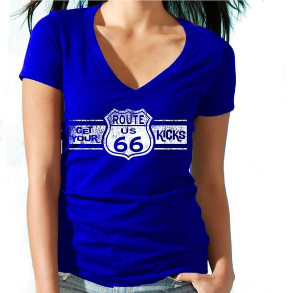 Route Us 66 Get Your Kick Printed Lady V-neck Tshirt Womens Royal Blue Tee 2X-Large