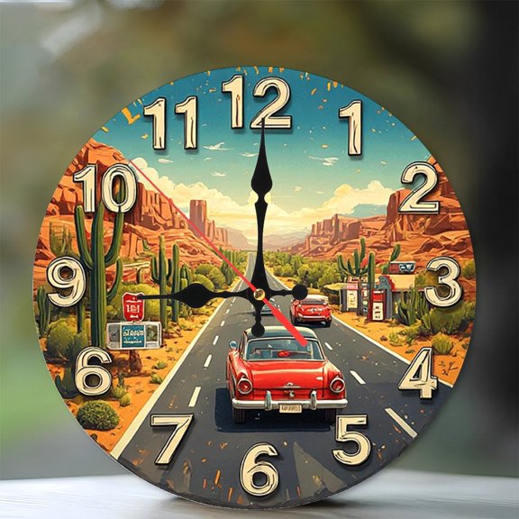 Route66 Classic Car Wall Clock 10-Inch Silent Wooden Wall Clock, Battery Operated (AA Batteries Not Included), Artistic Home Decor