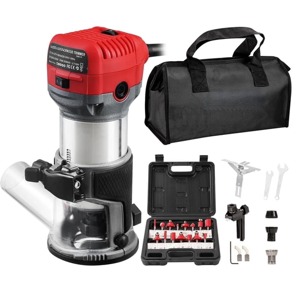 Router, 6.5 Amp 1.25  Compact Router Tools for Woodworking, 13000-33000 RPM Hand Trim Router with 15 count 1/4" Bits Set, 6 Variable Speeds, Edge Guide, Roller Guide