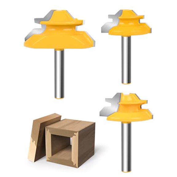 Router Bits,  3pcs Lock Miter Router Bits 1/4 Shank, 45 Degree Locking Miter Joint Router Bit Set for Woodworking Cabinetry Drawers Shadow Boxes, Work with Stock from 1/2" to 3/4" Thick