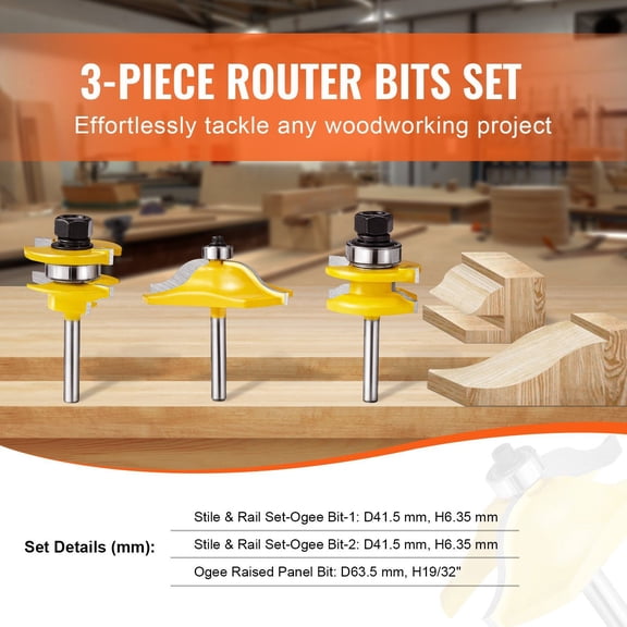 Router Bits Set 3 Pcs, Carbide Tipped, 1/4 Inch Shank, Includes Convenient Carrying Case